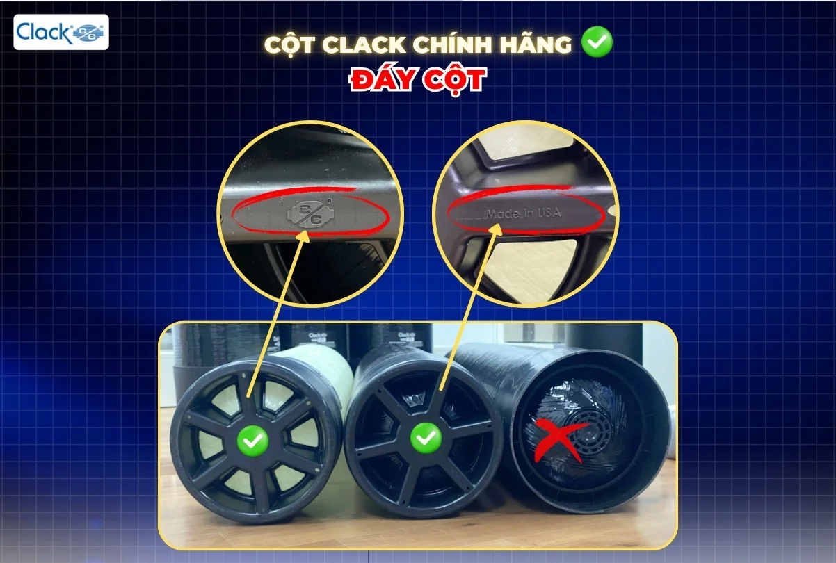 Các dấu hiệu nhận biết và cách phân biệt hàng Clack chính hãng 4 Nhận biết cột lọc, bình lọc chính hãng Clack thông qua đáy cột